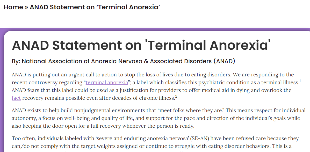 ANAD Statement on 'Terminal Anorexia'