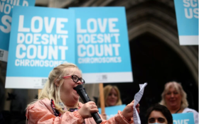 Heidi Crowter, who has Down syndrome, speaks outside the High Court in London July 6, 2021, ahead of a case to challenge the Down syndrome abortion laws. (OSV News photo/Hannah McKay, Reuters)